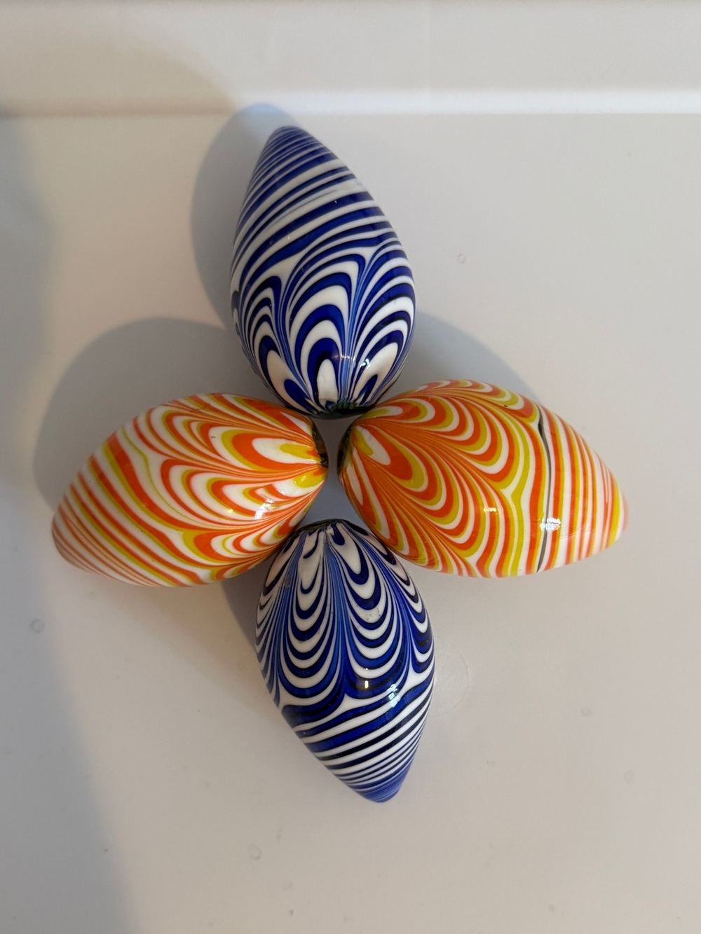 Hand-Blown Artisan Swirl Glass Eggs - Blue & Orange, set of 4